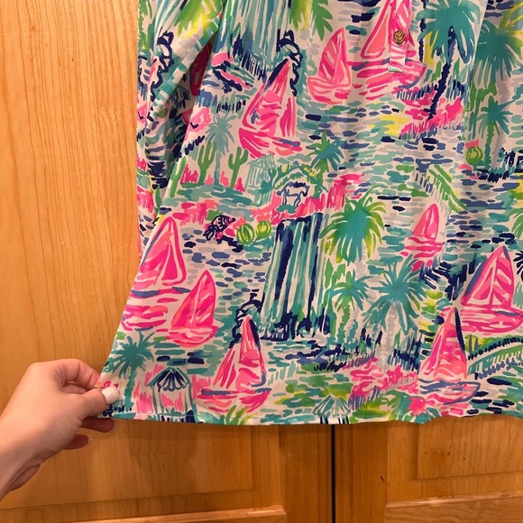 Lilly Pulitzer XS Silk Tunic Top Sailboat Palm Print Long Sleeve Blouse - Picture 6 of 10